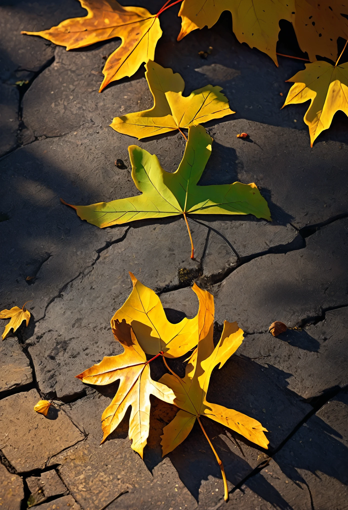withered fallen maple leaves, autumn, poster style, best quality, masterpiece, golden light