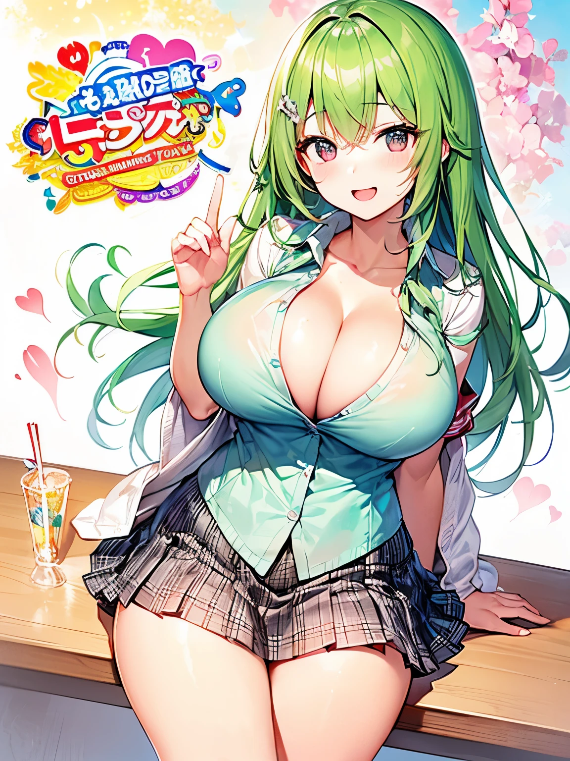 ((Highest quality、Full Color、2high school girls、tits、Big Breasts、Cleavage、Pleated skirt thighs、School zone))