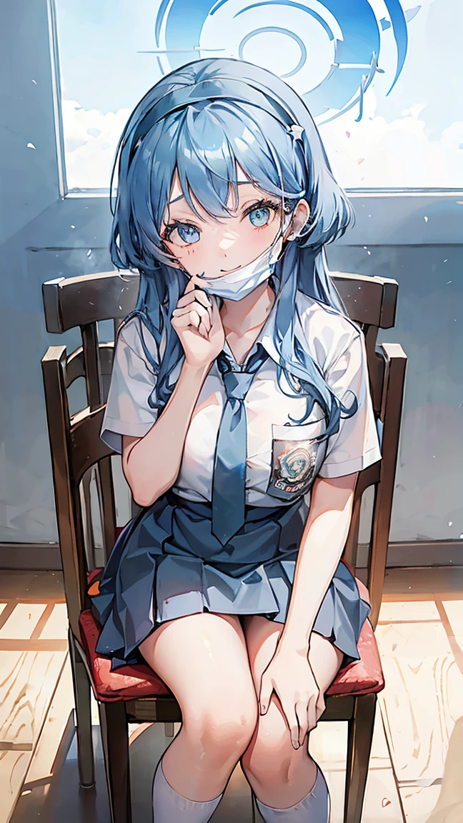 1 woman, ************, (long hair, hairband, blue hair), scared face expression, plump body, blue eyes, Indonesian high-school uniform, osis logo on shirt pocket, huge XL breasts, light-grey pleated skirt, sitting on a chair, seductive pose, full body shot, in the classroom, smile. ako_bluearchive, wearing a mask (mask_pull, white surgical mask, surgical mask fit his face:1.2).