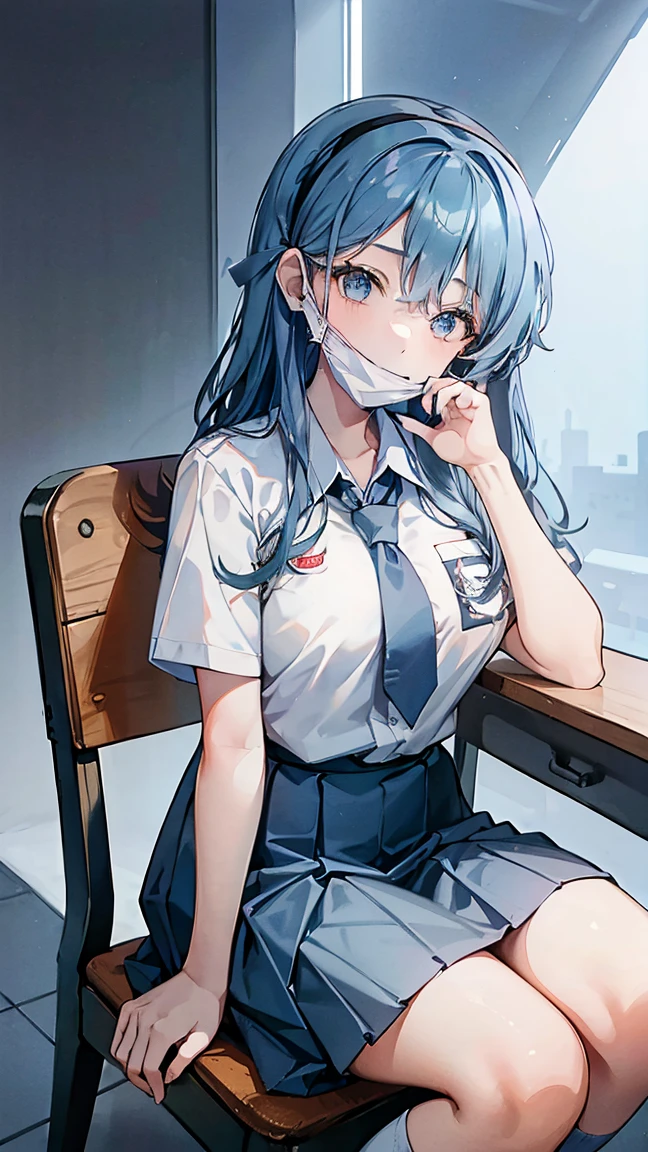 1 woman, , (long hair, hairband, blue hair), scared face expression, plump body, blue eyes, Indonesian high-school uniform, osis logo on shirt pocket, huge XL breasts, light-grey pleated skirt, sitting on a chair, seductive pose, full body shot, in the classroom, smile. ako_bluearchive, wearing a mask (mask_pull, white surgical mask, surgical mask fit his face:1.2).