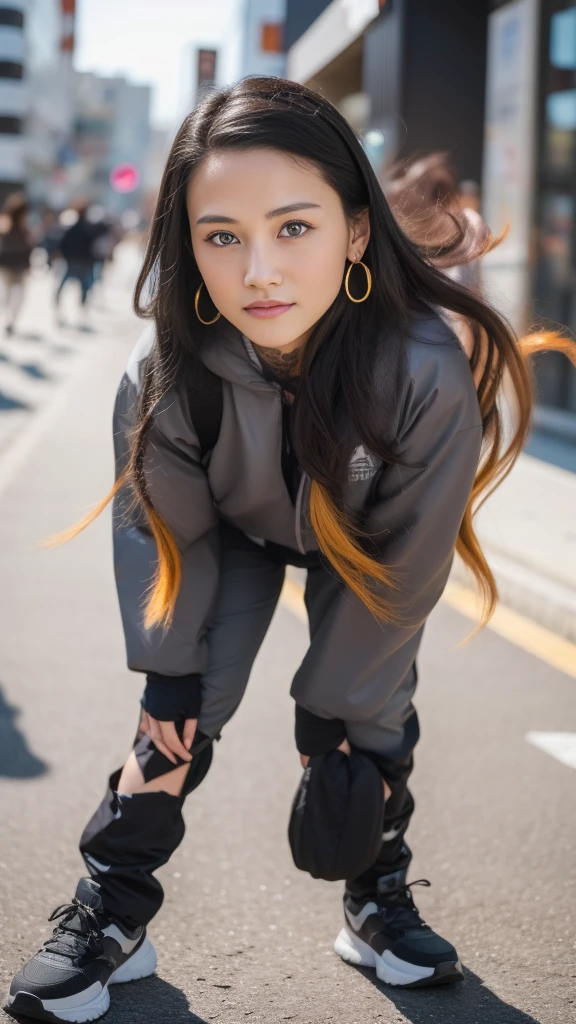 best quality, masterpiece, realistic photo, intricate details, raw photo, photon rendering, octane rendering, walking, ultra detailed, detailed face, detailed skin, trend at artstation, 8k masterpiece, cinematic lighting, light reflecting off the ground (((1girl)),((solo)),((looking_at_viewer)),trend in society,((long black hair)),((beautiful woman)),(smile), yellow and pink clothing,wind blowing hair, ((flowing hair)), happy, fashion magazine, realistic, cold clothing, alone --auto --s2