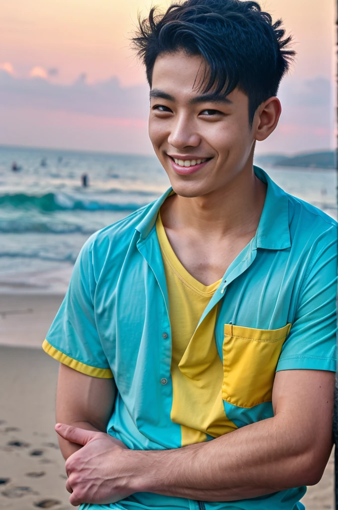 (best quality, 4K, 8k, high resolution, Masterpiece: 1.2), Special details, (realistically, As realistic as a photo, photo realistic: 1.37), Edge lighting, Extra detailed coloring, sharp focus, Physical rendering ,Extremely detailed description,professional,light color,Bokeh,Portrait,look at the viewer, sea beach,
Young Asian man, 20 years old ,(Wear a mono color shirt.), smile