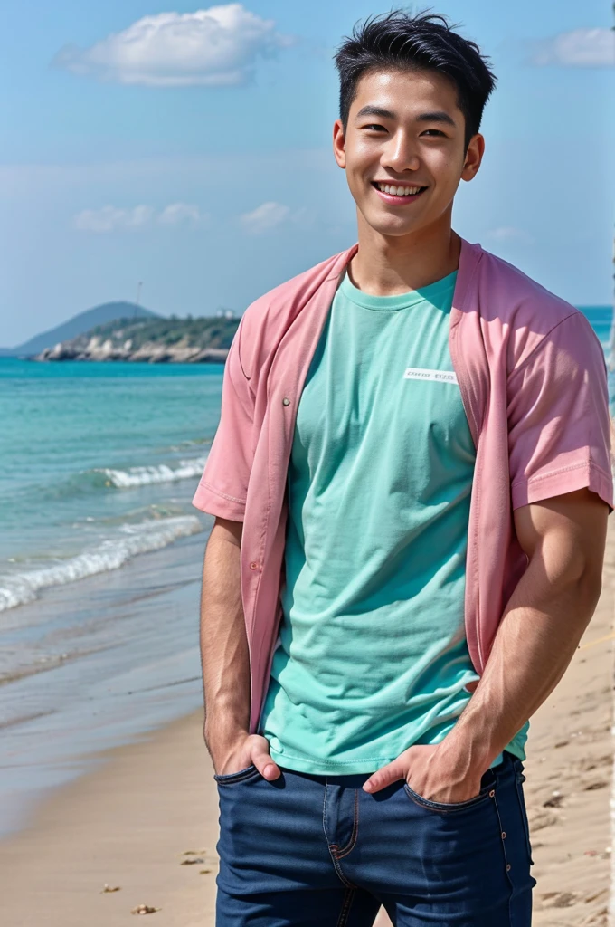 (best quality, 4K, 8k, high resolution, Masterpiece: 1.2), Special details, (realistically, As realistic as a photo, photo realistic: 1.37), Edge lighting, Extra detailed coloring, sharp focus, Physical rendering ,Extremely detailed description,professional,light color,Bokeh,Portrait,look at the viewer, sea beach,
Young Asian man, 20 years old ,(Wear a mono color shirt.), smile