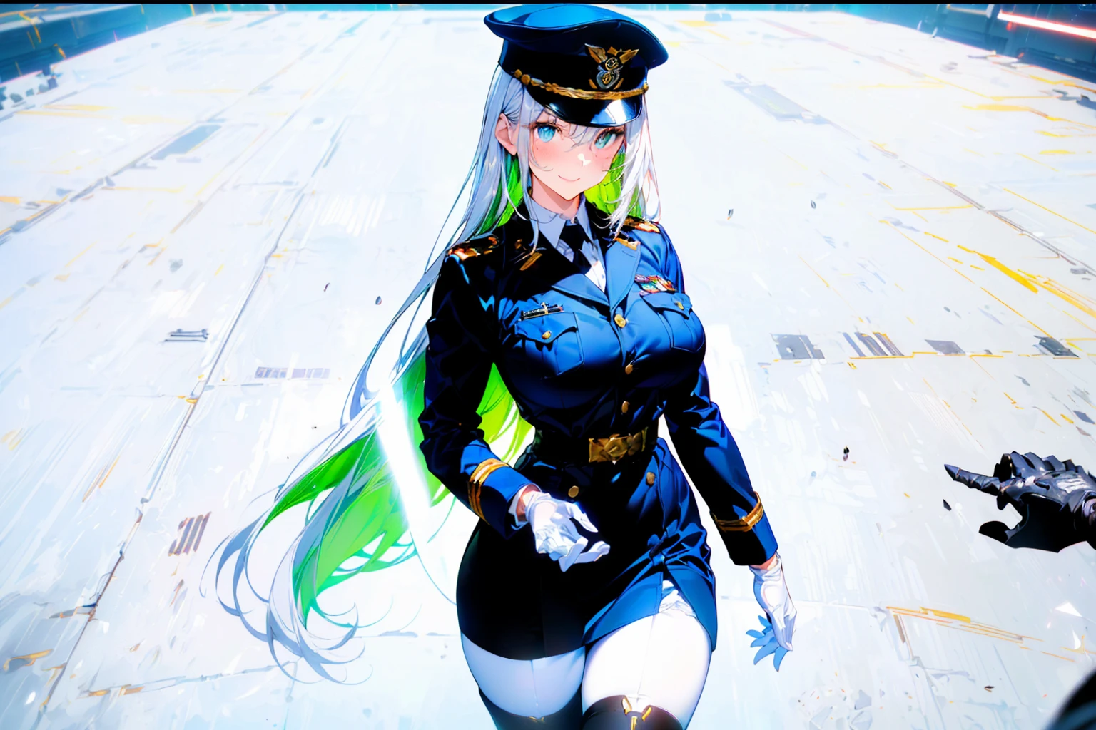 ((A young woman wears a sexy white dress:1.3, cable cardigan:1.3, close-up of chest:1.37, sexually seductive:1.3)), Mature woman with long hair and white dress, white military uniform, red ribbon, Knee-length boots, green eyes, White hair, green inside, full body, great details, beautiful anime illustrations, 26 years old, Take a break, ((milf:1.5, alone:1.5)), (NRF:1.25), (Sagging breasts, refuge chest, big , Thin waist, big ass:1.2), Increase sexiness, (Ultra high resolution, ภาพถ่าย RAW 8k, Realistic picture, Thin outline:1.3, Focus clearly, best quality, natural light, Textile shading, clear background, depth of field, (Bright pupils:1.2, Beautiful, detailed eyes with highlights.:1.3, Highly detailed eyes, Highly detailed face), red lips, Good realistic skin:1.1, look at the audience:1.3, (Dynamic angle:1.3, Focus Target:1.3, from below:1.4), (Many poses:0.0, sexy pose:1.3, นั่ง with opening legs shaped M:1.5), (charming, Smile sexy too.:1.4), The picture in the middle:0.2, (Wearing a long blue coat, translucent lace stockings), (((correct anatomy:1.5))), ((perfect hand:1.5, Ideal body proportions:1.37))