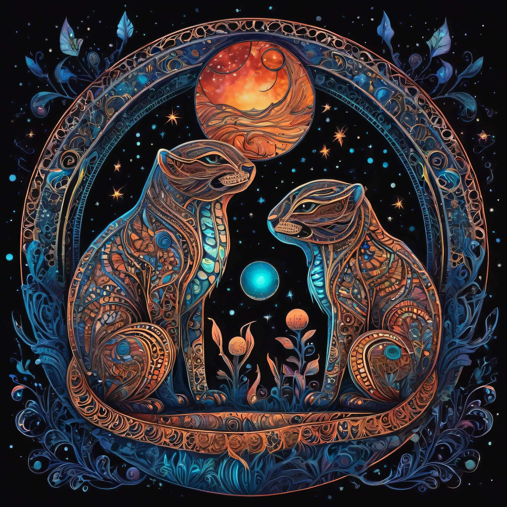 Create a visually stunning and captivating representation of never-before-seen magical creatures from Mars. These creatures are both cute and dark, with a unique bioluminescent quality. The design should incorporate elements of zentangle art, with intricate and mesmerizing patterns. The creatures should appear in a 3D format, with a cinematically-inspired background. Emphasize the mysterious and awe-inspiring nature of these creatures through the use of dark colors and contrasting bioluminescent zentangle lines. The final result should be a mesmerizing and otherworldly depiction of these unknown beings from the red planet.