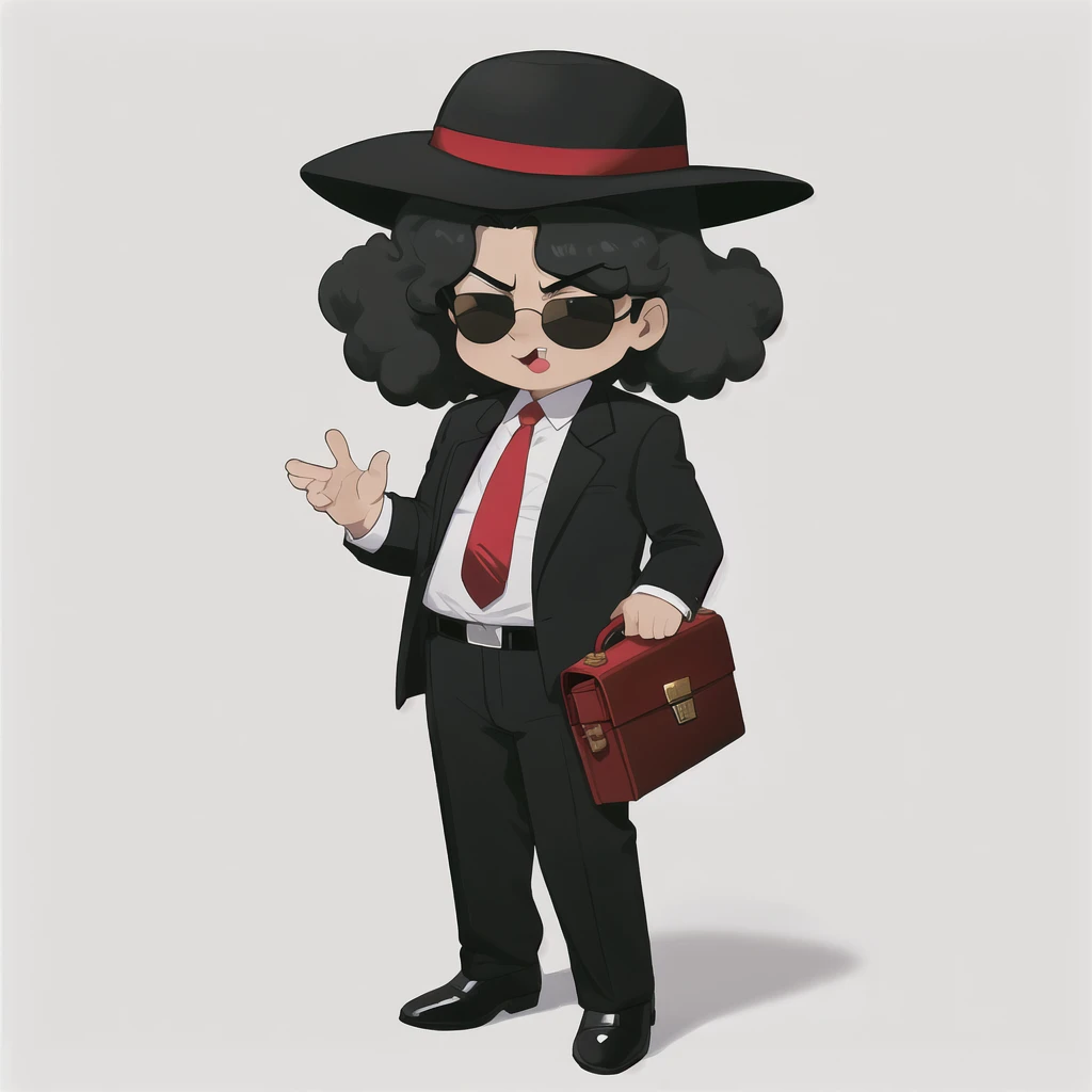 Draw a Cartoon-style character inspired by a mysterious salesman. He must wear a wide-brimmed black hat, sunglasses, have voluminous afro hair, and a black suit with a red shirt. Include a yellow tie and a gray briefcase in your hands. The character must have a confident and charismatic expression with a closed-mouth smile , similar to Michael Jackson 
