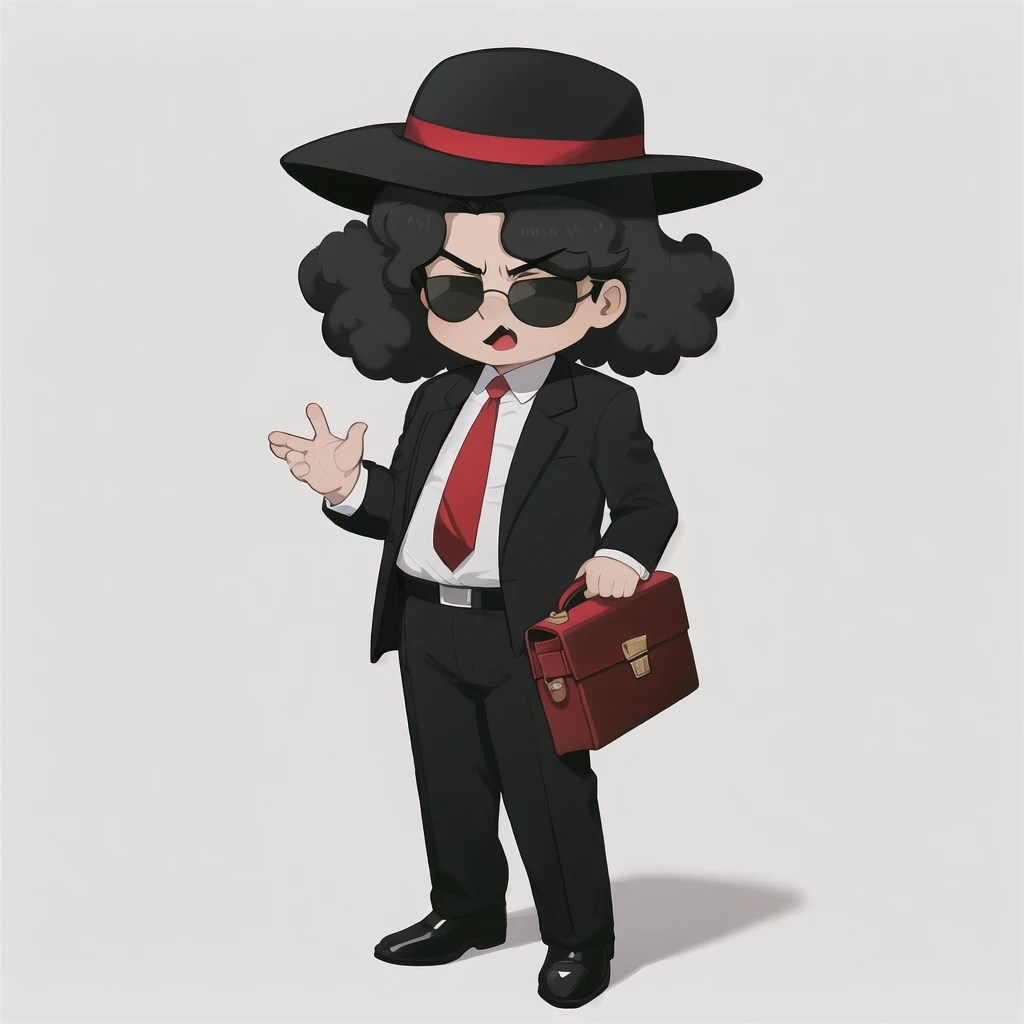Draw a Cartoon-style character inspired by a mysterious salesman. He must wear a wide-brimmed black hat, sunglasses, have voluminous afro hair, and a black suit with a red shirt. Include a yellow tie and a gray briefcase in your hands. The character must have a confident and charismatic expression with a closed-mouth smile , similar to Michael Jackson