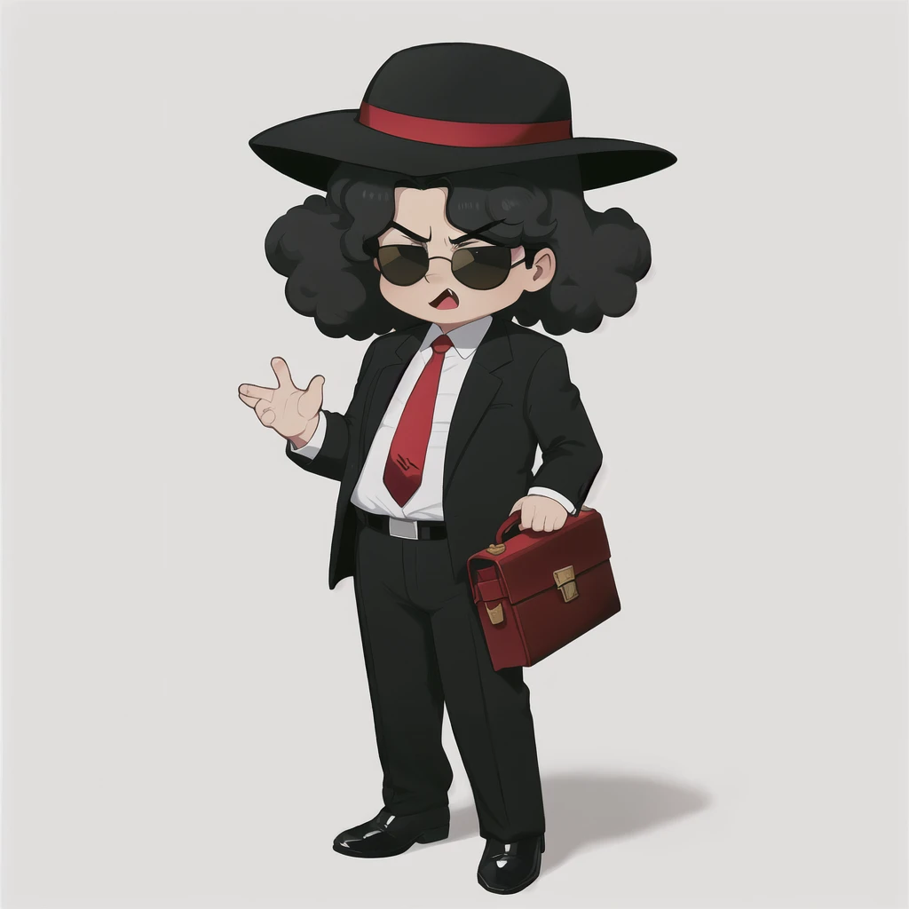 Draw a Cartoon-style character inspired by a mysterious salesman. He must wear a wide-brimmed black hat, sunglasses, have voluminous afro hair, and a black suit with a red shirt. Include a yellow tie and a gray briefcase in your hands. The character must have a confident and charismatic expression with a closed-mouth smile , similar to Michael Jackson