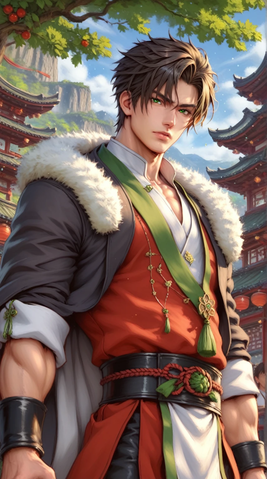 absurdities, High resolution, ultra detailed, HdR, masterpiece, Extremely detailed face and eyes, short hair, Dark brown hair, bangs that cover the forehead, bushy eyebrows, serious, expressive green eyes, straight hair, detailed eyes, LOOKING AT THE SPECTATOR, 1 man, 30 year old man, Dark brown hair, rasgos masculines, arete asiatico masculine, Mongolian clothing with green details, masculine, green mongolian clothing, nature background, fur coat, collar mongol, beefy chest, Complete plan