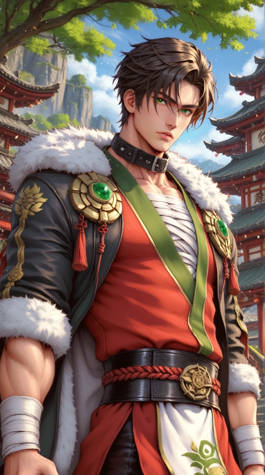 absurdities, High resolution, ultra detailed, HdR, masterpiece, Extremely detailed face and eyes, short hair, Dark brown hair, fringe, bushy eyebrows, serious, expressive green eyes, straight hair, detailed eyes, LOOKING AT THE SPECTATOR, 1 man, 30 year old man, Dark brown hair, rasgos masculines, elegant, Mongolian clothing with green details, masculine, green mongolian clothing, nature background, nature magician, collar masculine de hechicero, beefy chest, Complete plan