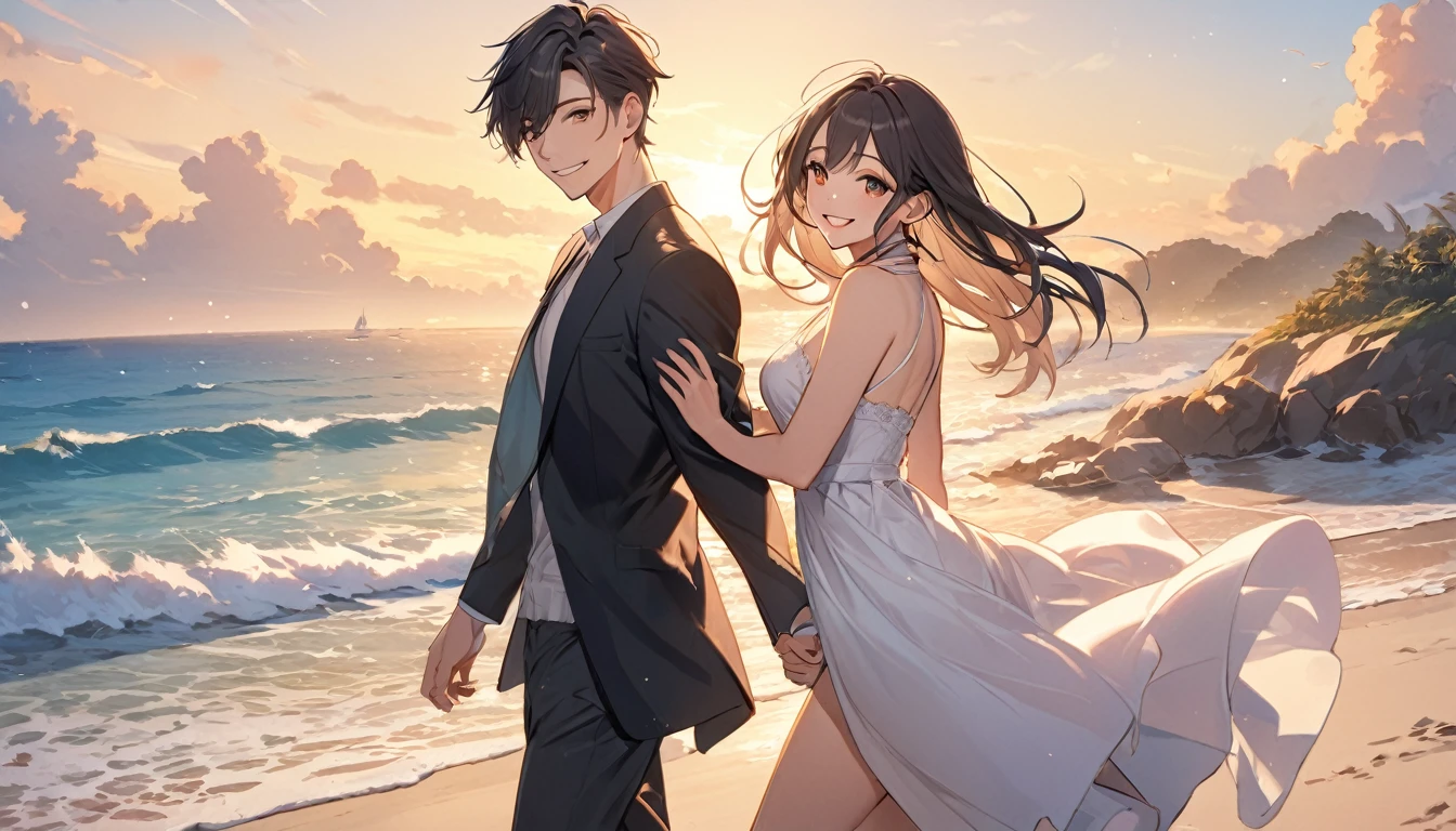 (Highest quality),Couple,smile,beach