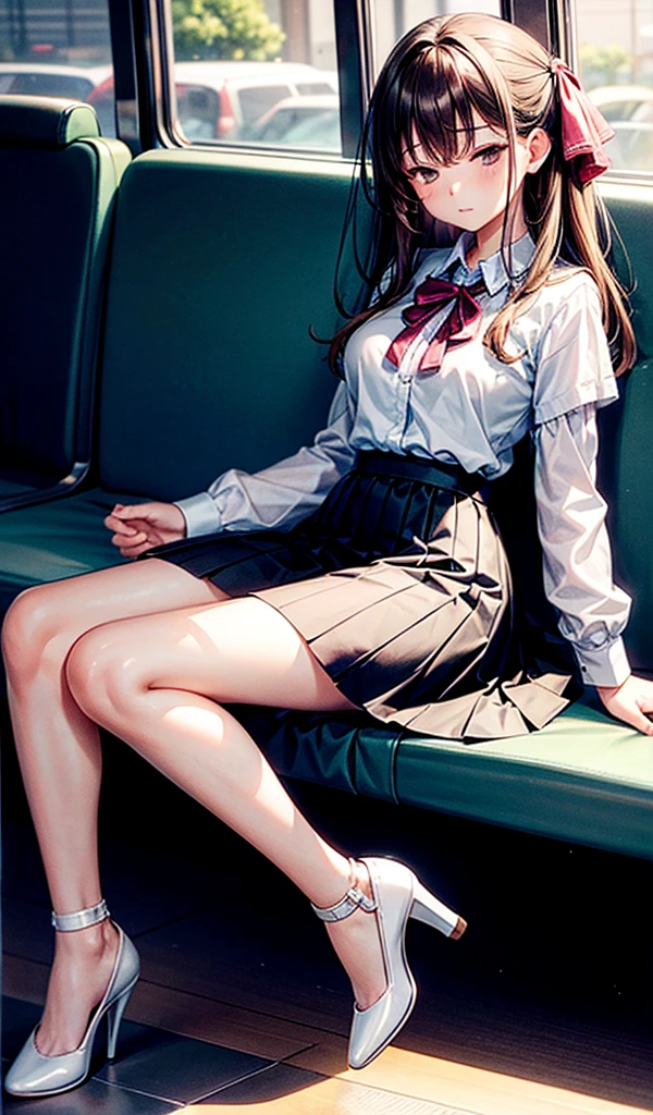 "(masterpiece, High resolution, Ultra High resolution, 4K) Black Hair, 14 year old Japanese girl, Uniform skirt, Accentuate your thighs, White thighs, Soft thighs, Gorgeous thighs, Sitting on a train, Alignment angle, (Angle from below),sitting in a train seat,Sit in front,Crotch Zoom Camera,Put your feet on the train floor,whole body,Looking down and sleepy,Only looking at the audience", highest quality, 超High resolution, (Realistic:1.4),, High resolution, Familiar, RAW Photos, Shapuri, Nikon D850 film stock photo by Lee Jefferies 4 Kodak Portra 400 camera F1.6 lens rich colors hyper Realistic lively textures dramatic lighting unreal engine artstation trends cinestir 800,only、Footjob、Nipples are visible、My chest is visible、sole、Pink nipples、
