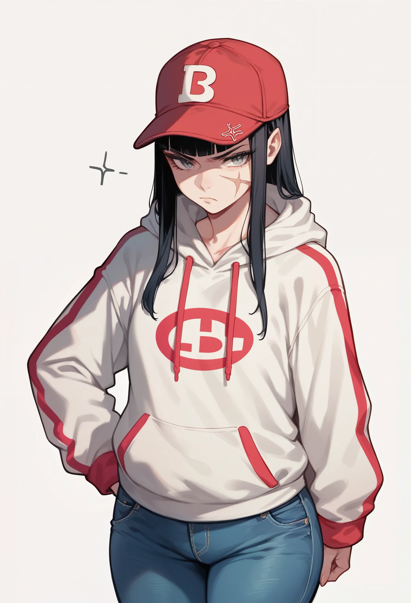 score_9, score_8_up, score_7_up, score_6_up, Character concept art of a pale skinned woman, grey eyes, scar on face, hoodie, baseball cap, annoyed face, hime cut black hair, jeans, fashionable, thick outlines, line weight, high detail, white background,