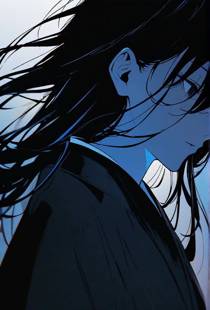 Japanese。male。Sharp black Eye。Very long black hair。profile。Plain blue kimono(Dressed in kimono)。A strong wind blows my hair back。Cover your eyes with hair。The background is blue light。Stand up straight。An illustration。picture。