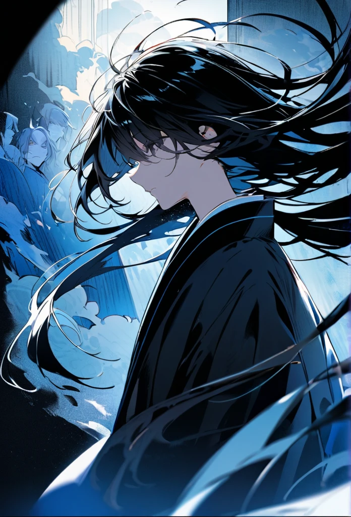 Japanese。male。Sharp black Eye。Very long black hair。profile。Plain blue kimono(Dressed in kimono)。A strong wind blows my hair back。Cover your eyes with hair。The background is blue light。Stand up straight。An illustration。picture。