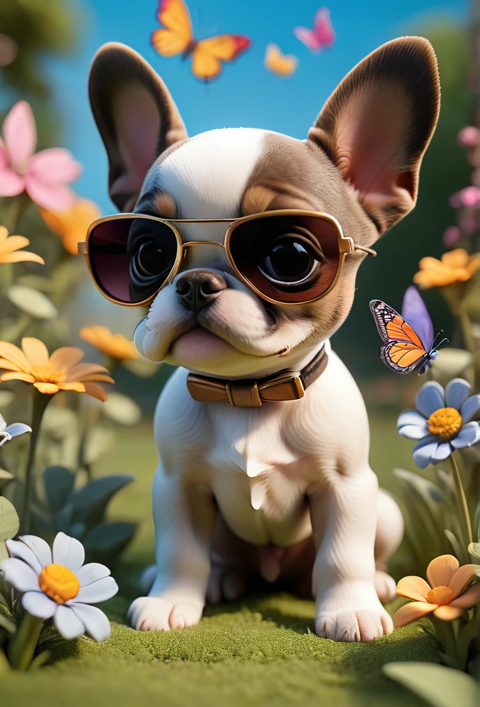 Adorable small tan boston Terrior puppy wearing sunglasses playing at park butterflies and flowers in background 3D Pixar style
