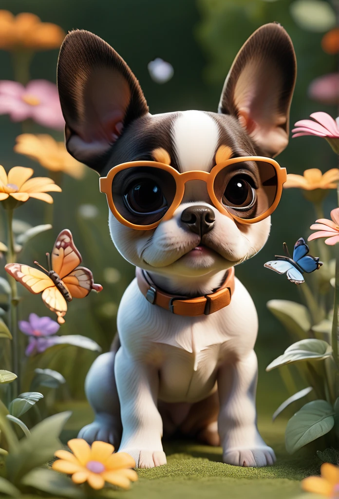 Adorable small tan boston Terrior puppy wearing sunglasses playing at park butterflies and flowers in background 3D Pixar style
