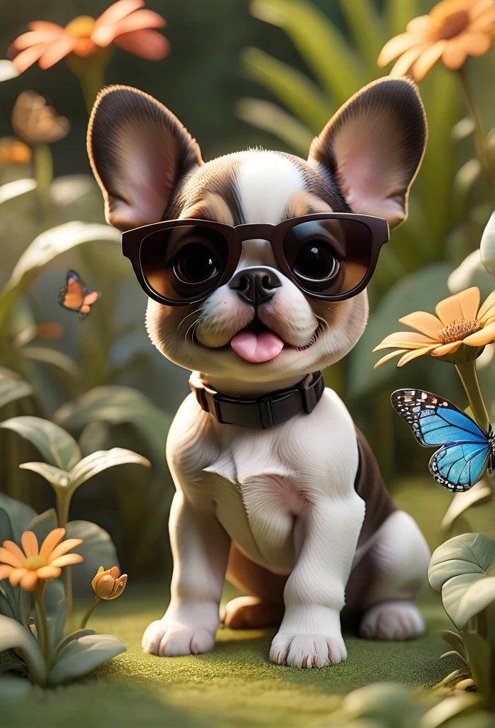 Adorable small tan boston Terrior puppy wearing sunglasses playing at park butterflies and flowers in background 3D Pixar style
