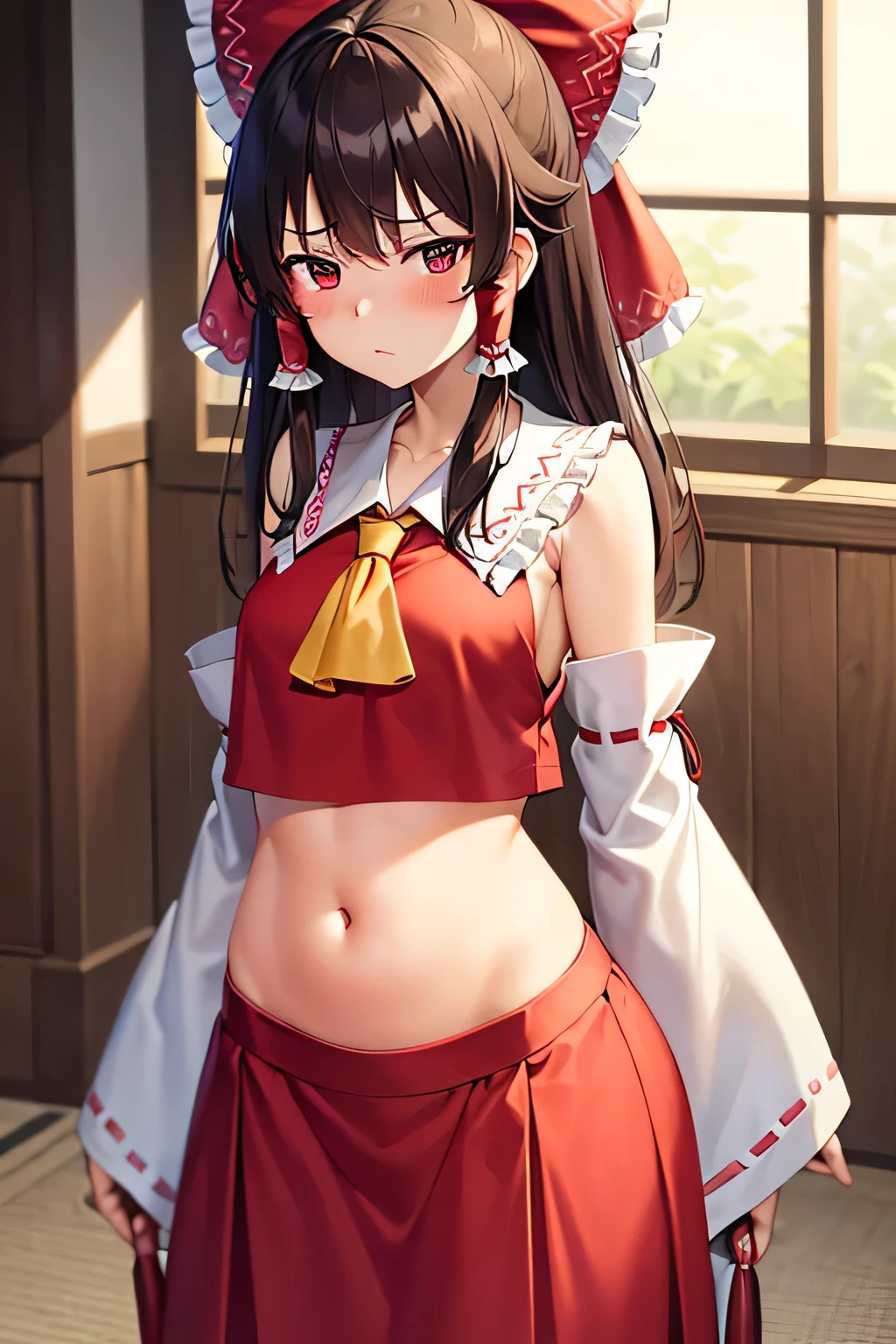 super fine illustration, vibrant colors, masterpiece, sharp focus, best quality, depth of field, cinematic lighting, ultra detailed, blush, annoyed, belly button, navel , tummy, shrine maiden, hakurei reimu, 1girl, hair bow, ascot, hair tubes, detached sleeves, looking down, red shirt, red skirt, very long curly hair, very messy hair, dark brown hair, indoors, mature woman, ,hakurei reimu, 1girl, hair bow, ascot, hair tubes, miko, detached sleeves, Reimu Hakurei, long skirt,