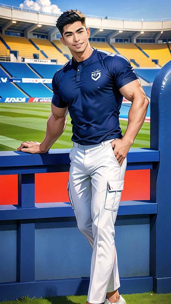 1 man, smile, (wearing navy clothes, round neck, short sleeve football shirt.), Navy cargo pants, Korean guy , korean men, (High gloss details), chest muscles, Big arm muscles, blood vessel, big muscles, Broad shoulders, looking at the audience, Balancing the eyes, (Make eye contact), sports stadium, football