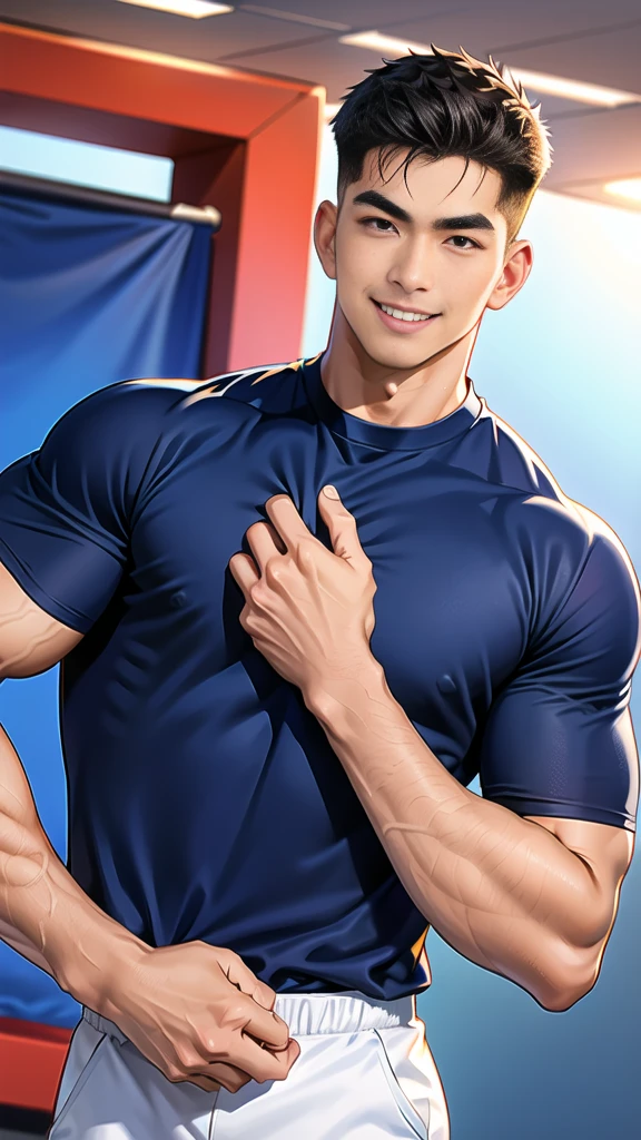 1 man, smile, (wearing navy clothes, round neck, short sleeve football shirt.), Navy cargo pants, Korean guy , korean men, (High gloss details), chest muscles, Big arm muscles, blood vessel, big muscles, Broad shoulders, looking at the audience, Balancing the eyes, (Make eye contact), sports stadium, football