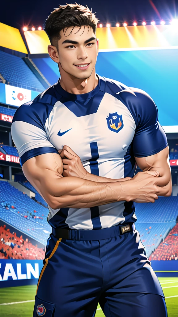 1 man, smile, (wearing navy clothes, round neck, short sleeve football shirt.), Navy cargo pants, Korean guy , korean men, (High gloss details), chest muscles, Big arm muscles, blood vessel, big muscles, Broad shoulders, looking at the audience, Balancing the eyes, (Make eye contact), sports stadium, football