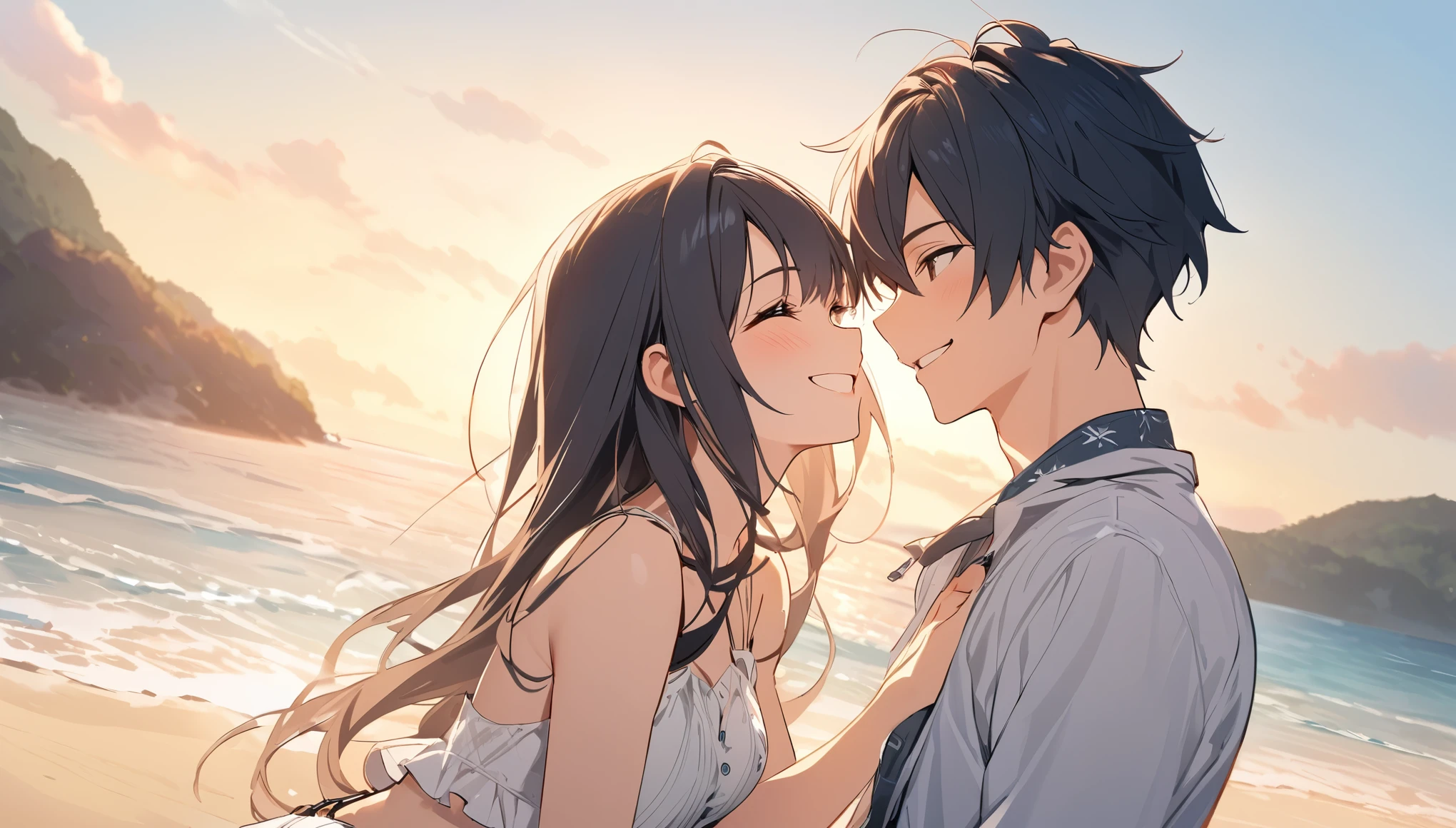 (Highest quality),Couple,smile,beach