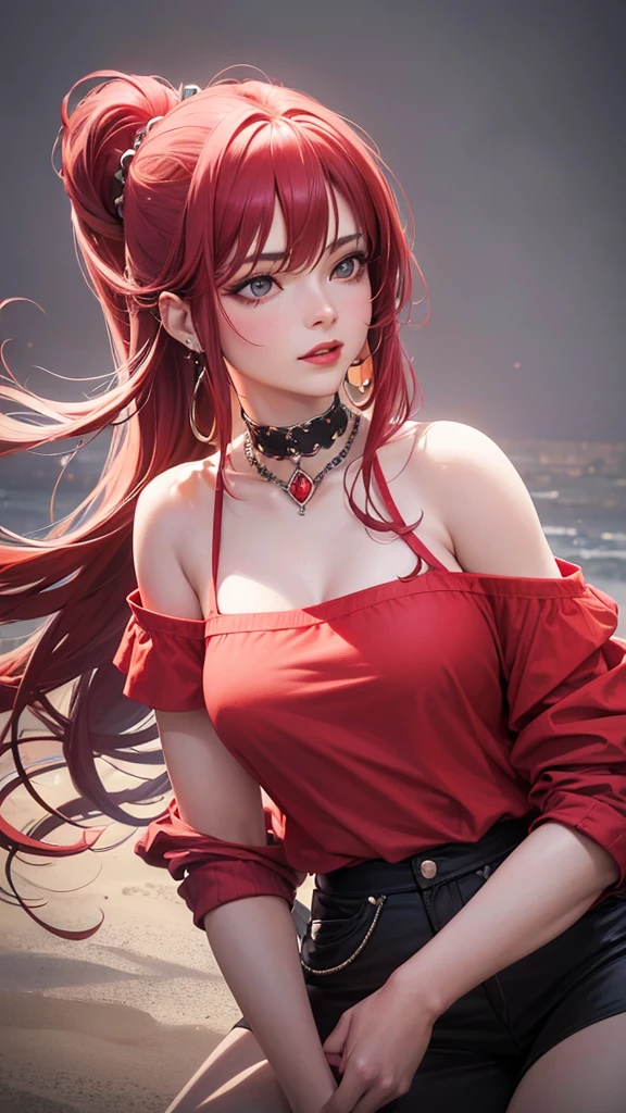 A beautiful girl with long hair in shades of red, pink, white and black, with bangs, wearing tragus piercings and one lobe and one hilux earring, eyes with a good mood, red sexy lips, wearing a short t-shirt and short pants, left hand with a diamond bracelet, right hand with one diamond ring,(best quality,4k,8k,highres,masterpiece:1.2),ultra-detailed,(realistic,photorealistic,photo-realistic:1.37),portrait,fashion,intricate details,vibrant colors,dramatic lighting