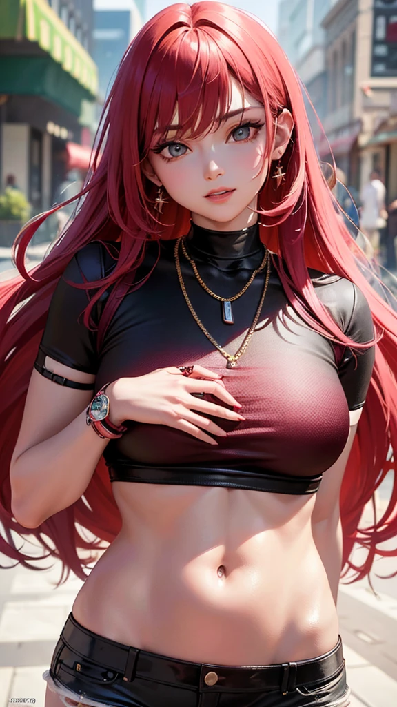 A beautiful girl with long hair in shades of red, pink, white and black, with bangs, wearing tragus piercings and one lobe and one hilux earring, eyes with a good mood, red sexy lips, wearing a short t-shirt and short pants, left hand with a diamond bracelet, right hand with one diamond ring,(best quality,4k,8k,highres,masterpiece:1.2),ultra-detailed,(realistic,photorealistic,photo-realistic:1.37),portrait,fashion,intricate details,vibrant colors,dramatic lighting
