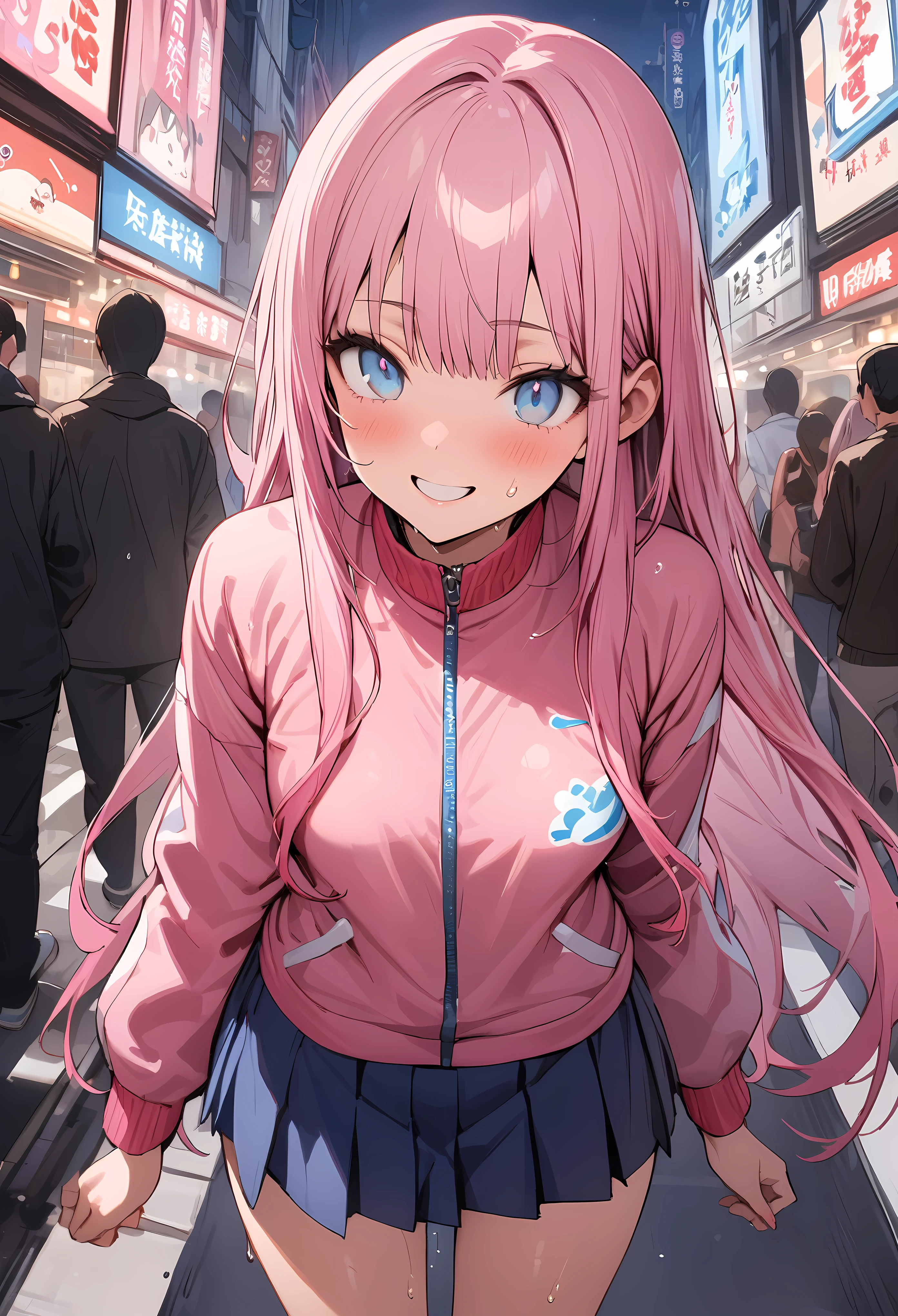 ((masterpiece,Highest quality:1.3,best quality illustration)),cowboy shot,solo,1woman,((Mature Beauty)),pink hair,straight long hair,bangs,light blue eyes,(gorgeous eyes),((very small head:1.3)),fun,smile,((very long body:1.2,skinny)),small breasts,((Pink baseball jacket、Navy blue pleated mini skirt)),navy blue sports socks、White sneakers、walk、gleaming skin,oily skin,slender body,sweat,standing,on street,Shibuya Station、