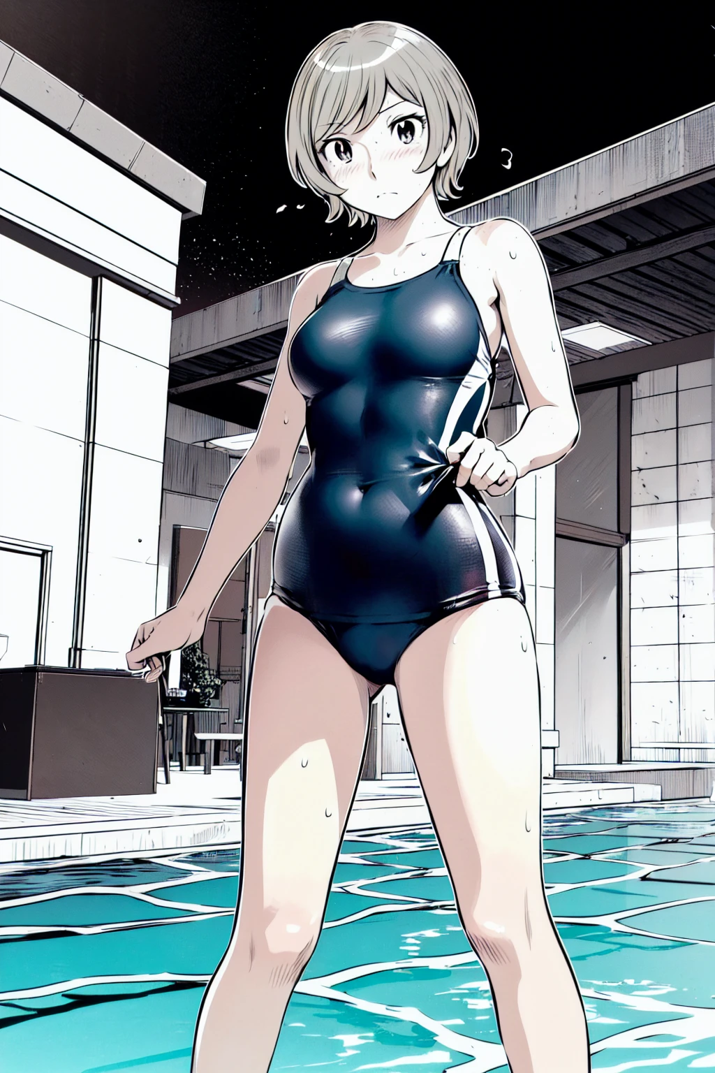 Blonde, (short hair:1.2)、((Illustration of a person))、Big Breasts、
View your viewers,, (Highest quality:1.3),Blue Eye Star Piece、Highest quality)、Highest quality, Ultra-high resolution, (((masterpiece))), alone, Sweat、Big eyes、Big Breasts、One Girl, Front view、Embarrassed face、Bronze colored hair、((short hair))、One Girl, alone, blush, Big Breasts,
Bare arms, Wet, Pool, 青いSchool Swimsuit, Thighs, Place your arms at your sides, Bare arms, Cowboy Shot, Are standing, School Swimsuit,bite、High Leg、mansuji