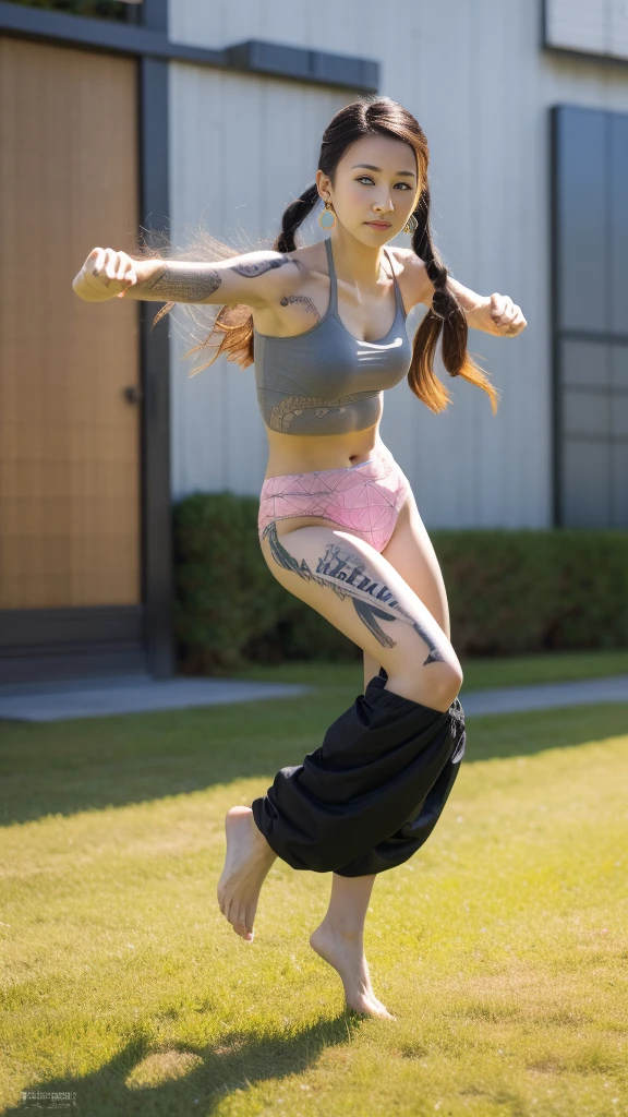 Cute Japanese female, (16 years old), (Very cute face), White moist skin, (Pink bright eyes: 1.4),
BREAK,
(Parkour),(Very beautiful berserker female: 1.3),(Fighting pose: 1.3),
BREAK,
Earrings, Short length,(Black grass tattoo on body: 1.3),
BREAK,
(Super long hair), (Light gray hair: 1.4),(Gradient hair: 1.3),(Red tips: 1.3),
BREAK,
(Realistic: 1.3), Masterpiece, Perfect lighting, (Ultra high resolution), (8K), (Very detailed: 1.4), (Full body: 1.4),(Symmetrical: 1.2),(One shot),
BREAK,
(Big Japanese city: 1.2), (Crowded),