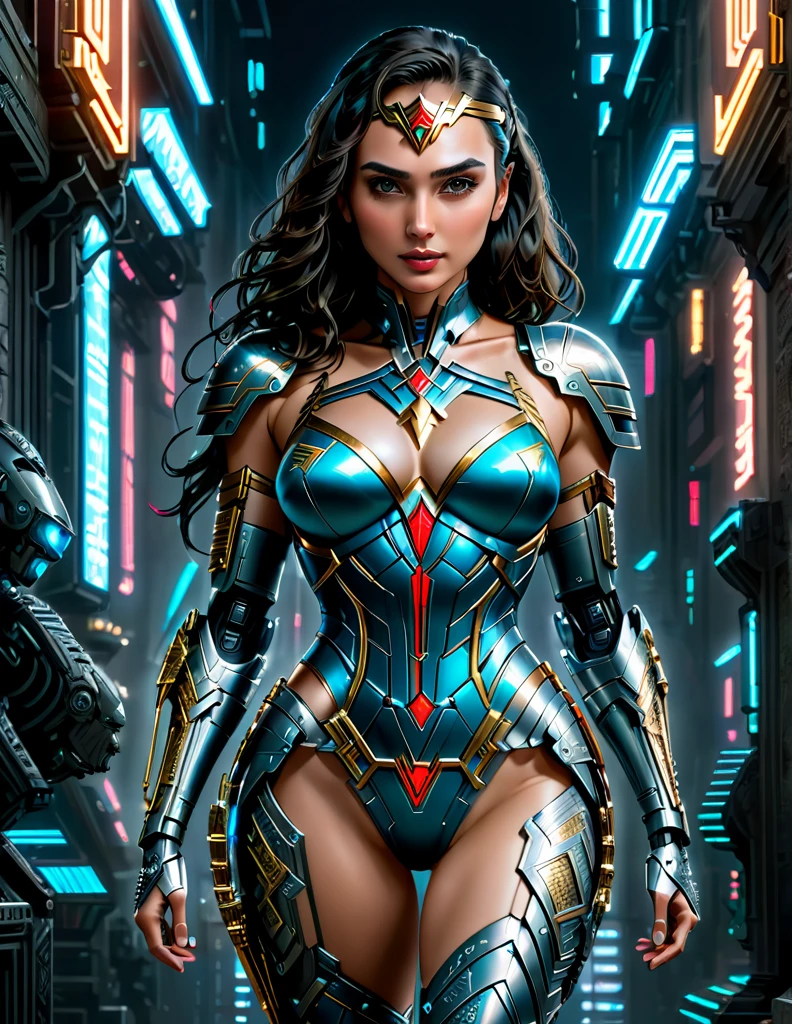 A fantasy picture of (Gal Gadot:1.35) as a Cyberpunk Era Wonder Woman with Cybernetic Wonder Woman Costume in a Neo Cyberpunk Roman Empire with glowing eyes and robotic limbs, insanely intricate detail, Don Lawrence style