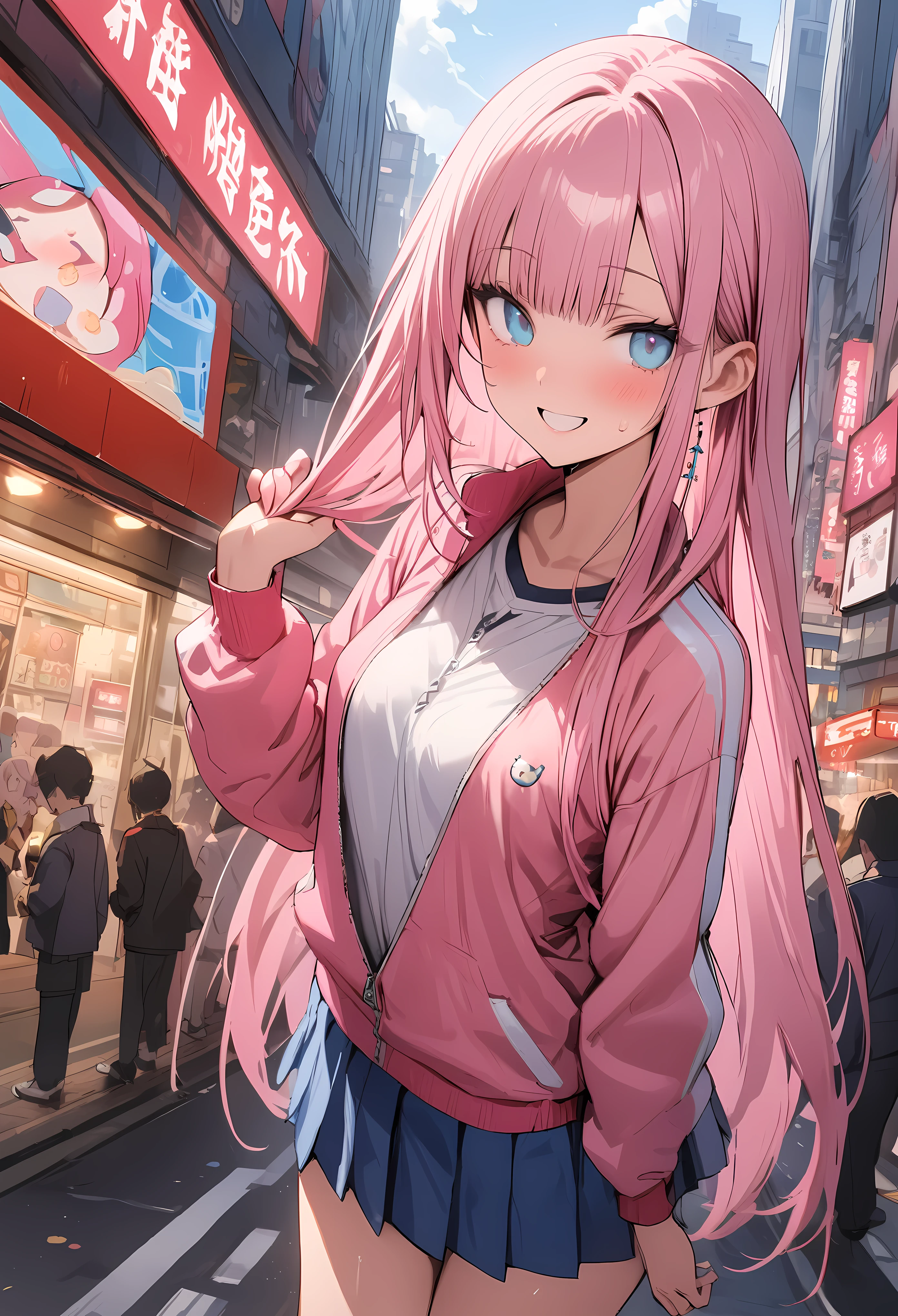((masterpiece,Highest quality:1.3,best quality illustration)),cowboy shot,solo,1woman,((Mature Beauty)),pink hair,straight long hair,bangs,light blue eyes,(gorgeous eyes),((very small head:1.3)),fun,smile,((very long body:1.2,skinny)),small breasts,((Pink baseball jacket、Navy blue pleated mini skirt)),navy blue sports socks、White sneakers、walk、gleaming skin,oily skin,slender body,sweat,standing,on street,Shibuya Station、