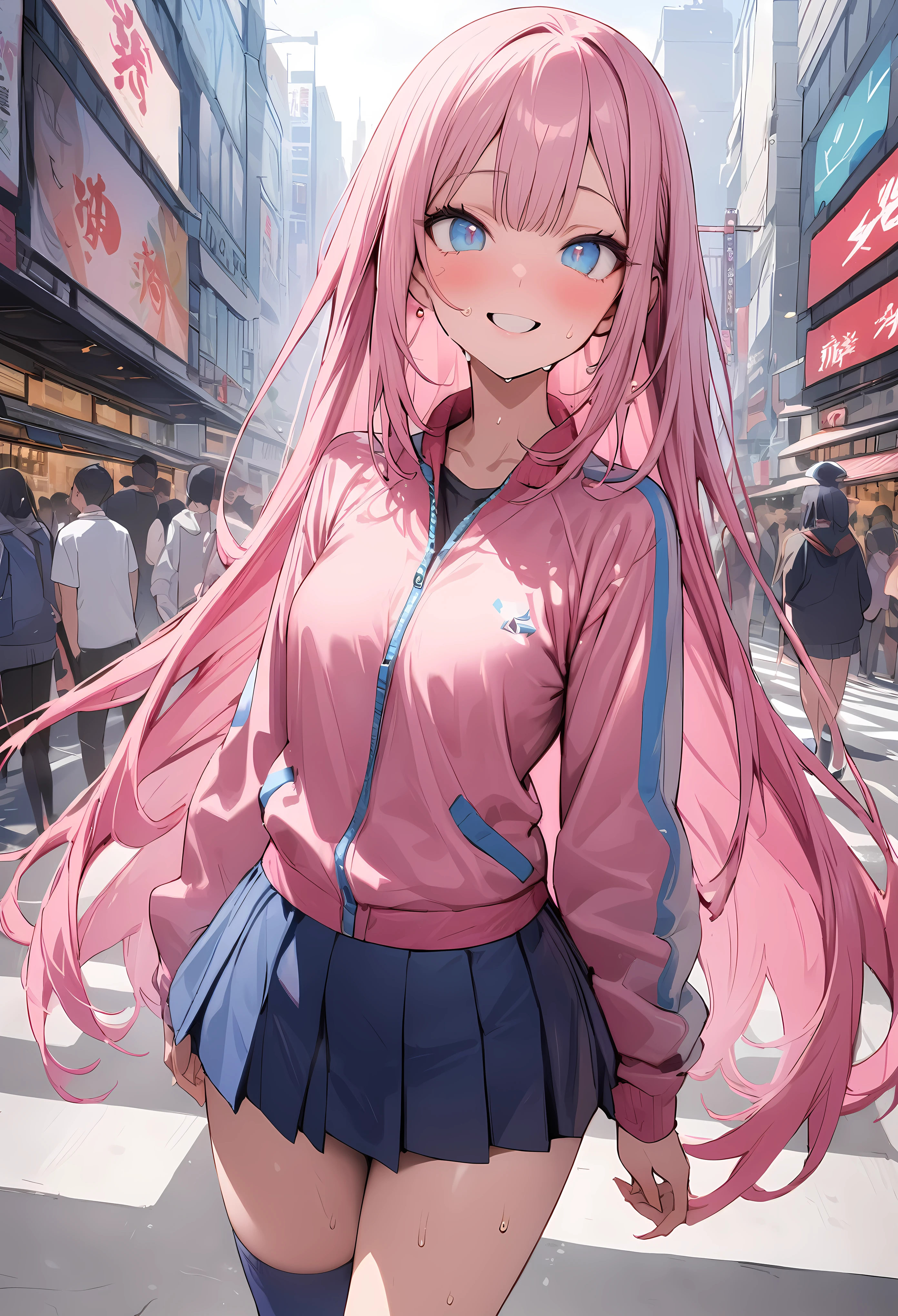 ((masterpiece,Highest quality:1.3,best quality illustration)),cowboy shot,solo,1woman,((Mature Beauty)),pink hair,straight long hair,bangs,light blue eyes,(gorgeous eyes),((very small head:1.3)),fun,smile,((very long body:1.2,skinny)),small breasts,((Pink baseball jacket、Navy blue pleated mini skirt)),navy blue sports socks、White sneakers、walk、gleaming skin,oily skin,slender body,sweat,standing,on street,Shibuya Station、