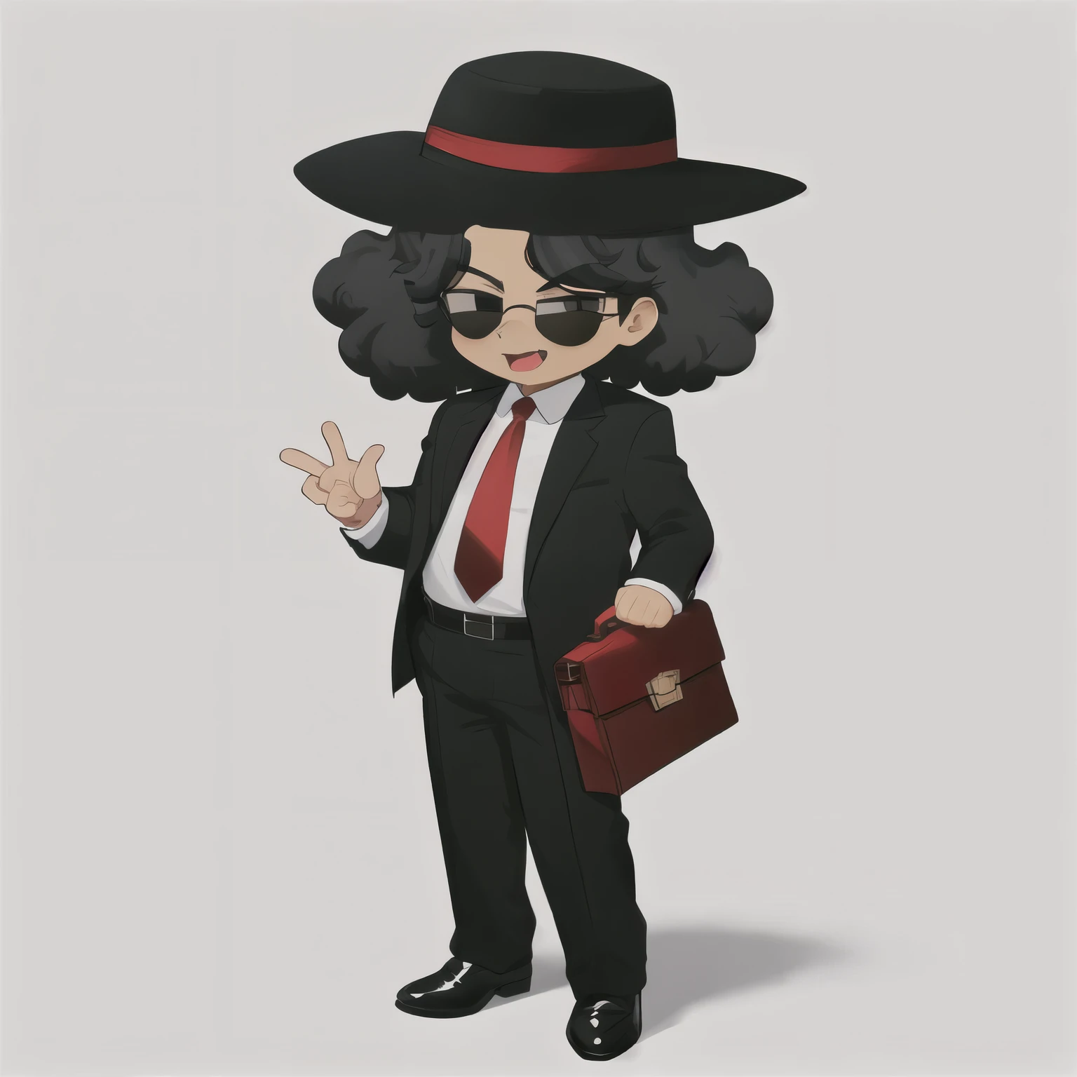 Draw a Cartoon-style character inspired by a mysterious salesman. He must wear a wide-brimmed black hat, sunglasses, have voluminous afro hair, and a black suit with a red shirt. Include a yellow tie and a gray briefcase in your hands. The character must have a confident and charismatic expression smiling, similar to Michael Jackson