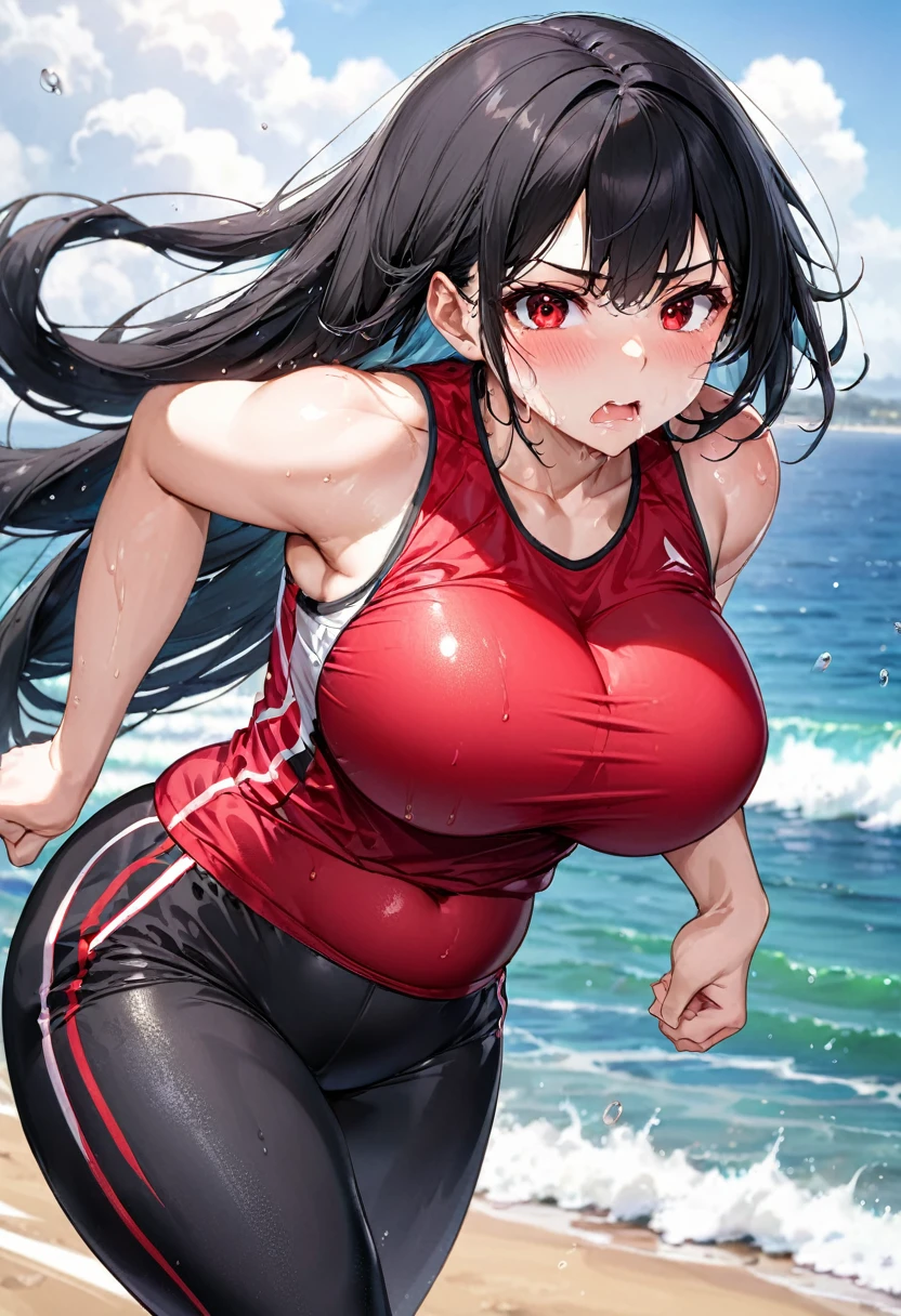 (profile, hard running style), (beautiful plimp body)(solo:2, 18 yo, sweaty skin, straight black hair very long hair beautiful sadist plump girl, angry red eyes, serious sweaty face, glossy lip, bigboobs), in a running suit, break, in the running Running training ground, background ocean, BREAK, perfect anatomy, masterpiece, best quality, 16k, beautiful detailed grow, daydreaming expression.