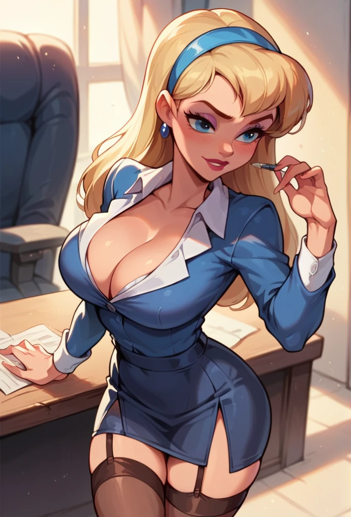 Princess Cinderella ( Disney ), garter belt, deep cleavage, office suit, high quality, blonde hair, blue hair band