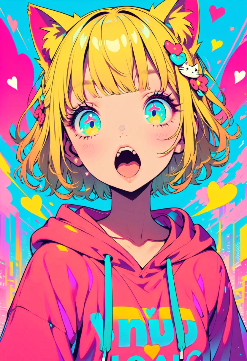 Style 11,One girl, heart, alone, Blonde Hair, Open your mouth, Cat ears, Flower Hair Ornaments,Short Hair、Turquoise Eyes、Pink short sleeve hoodie