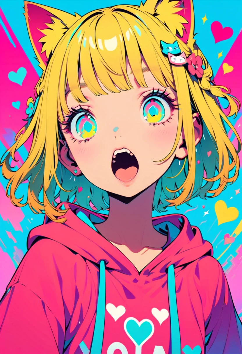 Style 11,One girl, heart, alone, Blonde Hair, Open your mouth, Cat ears, Flower Hair Ornaments,Short Hair、Turquoise Eyes、Pink short sleeve hoodie