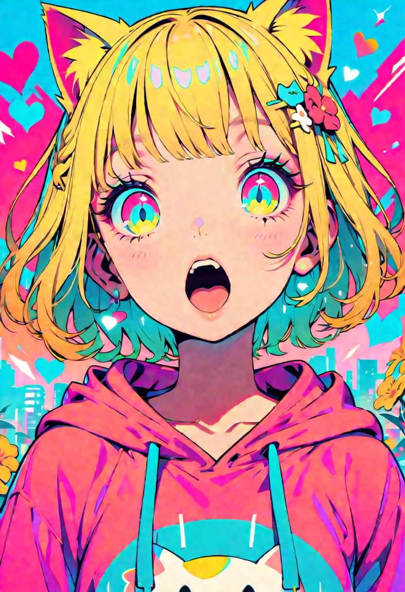 Style 11,One girl, heart, alone, Blonde Hair, Open your mouth, Cat ears, Flower Hair Ornaments,Short Hair、Turquoise Eyes、Pink short sleeve hoodie