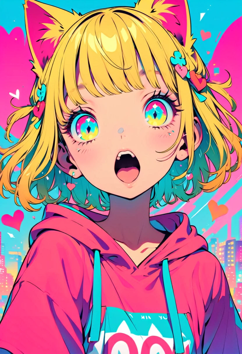 Style 11,One girl, heart, alone, Blonde Hair, Open your mouth, Cat ears, Flower Hair Ornaments,Short Hair、Turquoise Eyes、Pink short sleeve hoodie