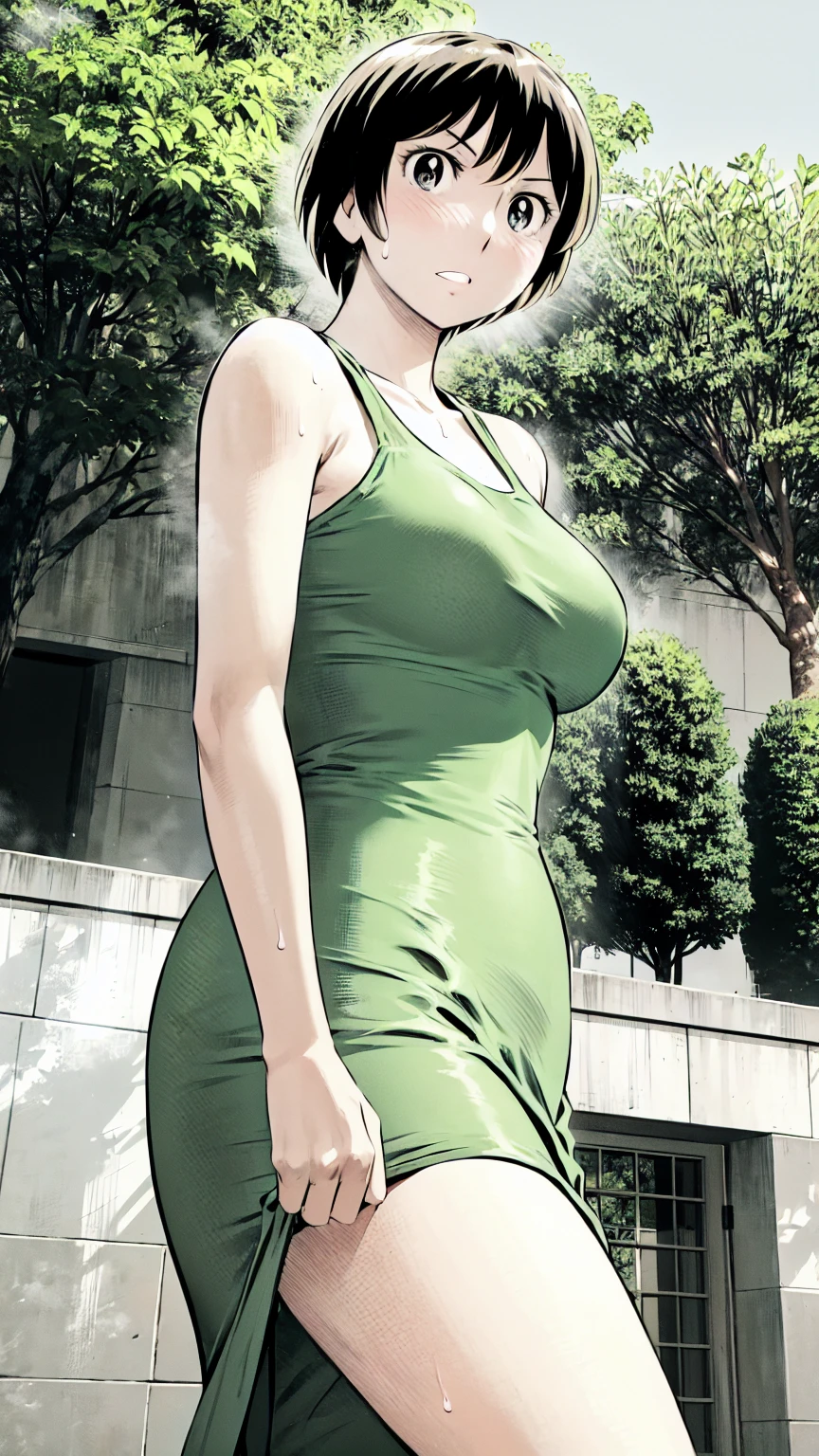、(masterpiece、Highest quality)、Highest quality, Ultra-high resolution, (((masterpiece))), alone, Sweat、Big eyes, Sleeveless、Outdoor、Floral Dress、Composition from the front、(後ろCut your hair short、short hair、blonde、woman)、Shortcuts、Embarrassed face、Cut your hair short、可愛いwomanの子、Big Breasts、Browsing Caution