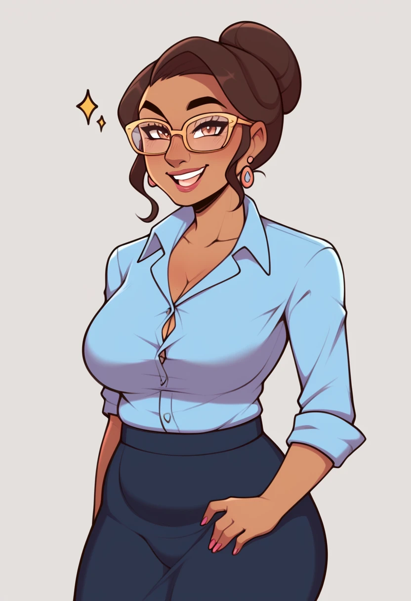 score_9, score_8_up, score_7_up, score_6_up, Character concept art of a dark skinned woman, milf, bun haircut, glasses, office outfit, gentle smile, fashionable, thick outlines, line weight, high detail, white background,
