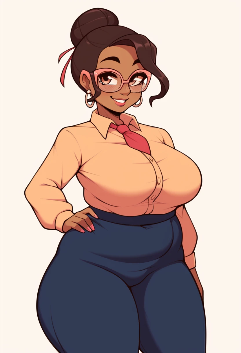 score_9, score_8_up, score_7_up, score_6_up, Character concept art of a dark skinned woman, milf, bun haircut, glasses, office outfit, gentle smile, fashionable, thick outlines, line weight, high detail, white background,
