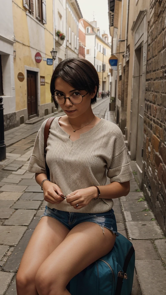 A short-haired Latin girl with glasses is traveling in Europe, another one with the same girl