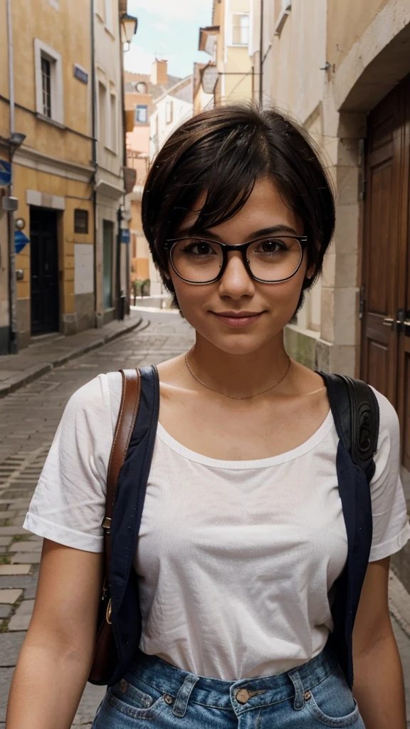 A short-haired Latin girl with glasses is traveling in Europe, another one with the same girl