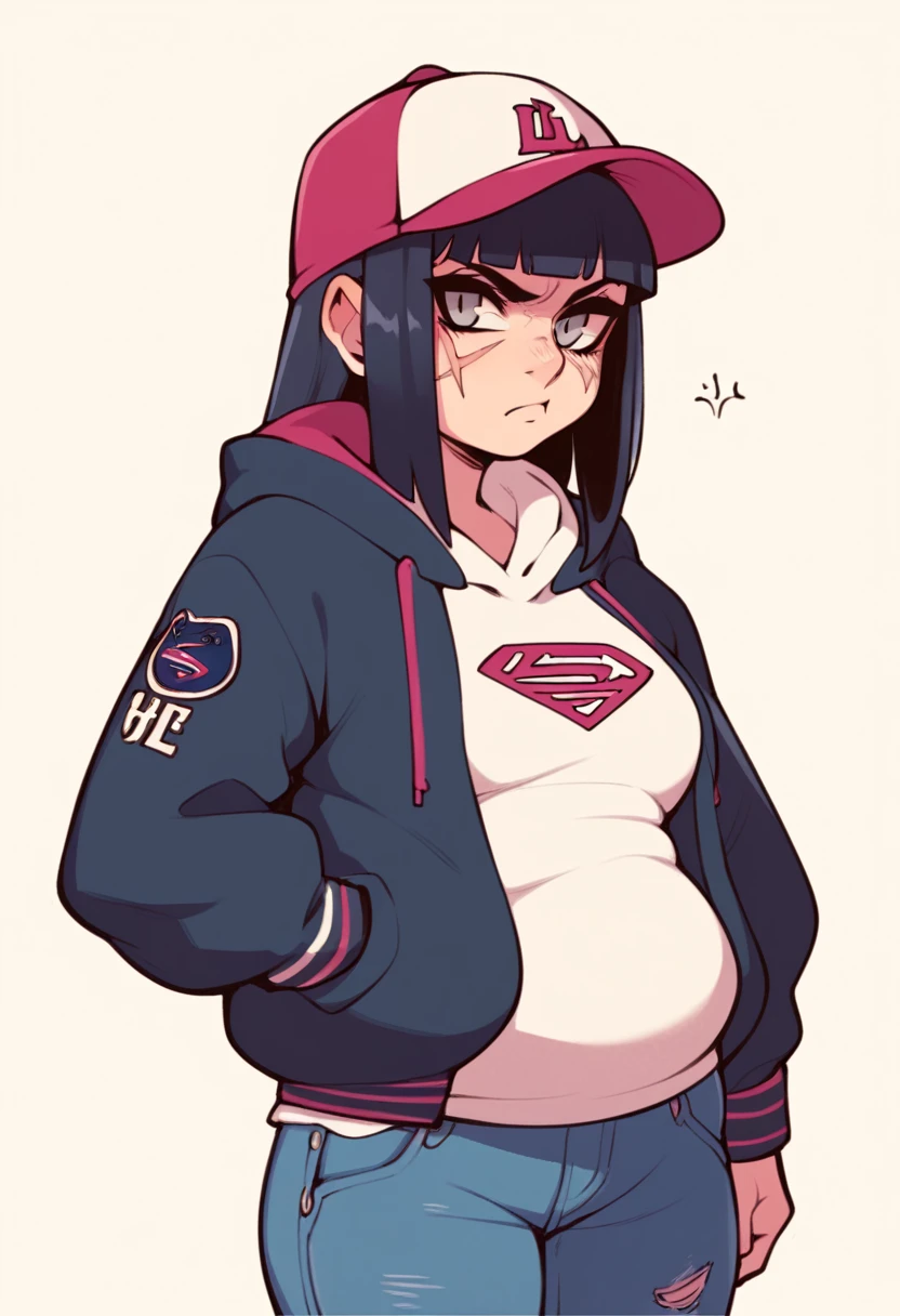 score_9, score_8_up, score_7_up, score_6_up, Character concept art of a pale skinned woman, grey eyes, scar on face, hoodie, baseball cap, annoyed face, hime cut black hair, jeans, fashionable, thick outlines, line weight, high detail, white background,
