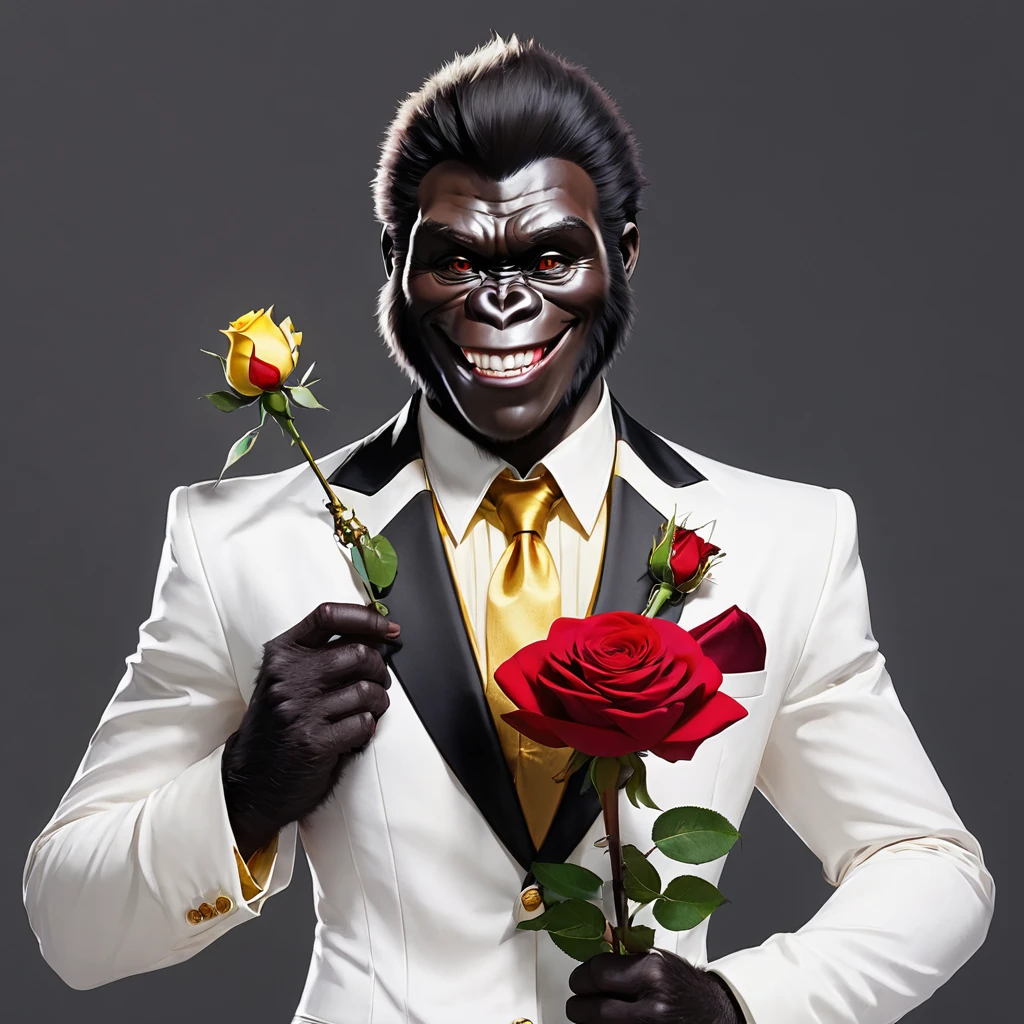 solo,Dandy、Mountain gorilla、smile, Golden Eyes, Anime Style, White suit with a red shirt underneath、Holding a single rose