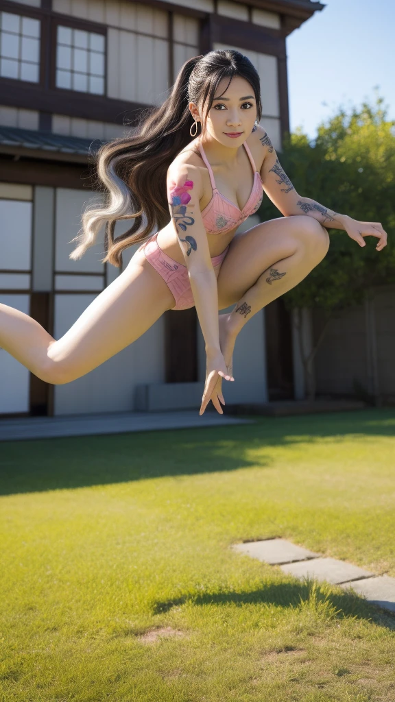 A woman in a white bikini jumps headfirst from a high rock into a pool of water.
The girl has short blonde hair.
The girl has well-marked muscles.
At the bottom, behind the pond you can see the forest. 